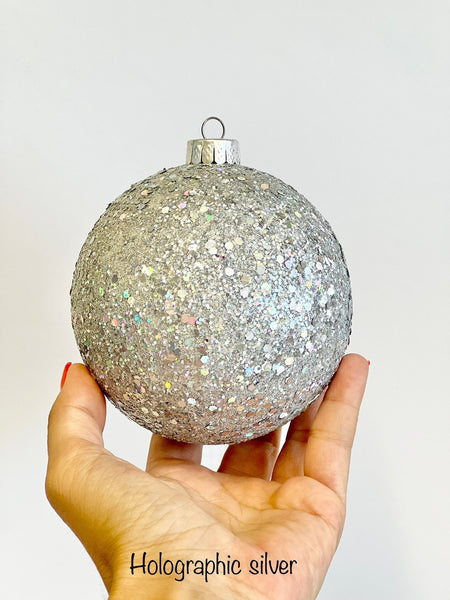 Holographic Silver Glitter Christmas Ornament, Handmade Sparkle Ball, Custom Size Modern Holiday Tree Decor, Iridescent Bauble
