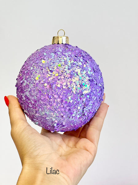 Lavender Glitter Christmas Ornament, Handmade Purple Sparkle Bauble, Custom Size Holiday Tree Decor, Lilac Christmas Ball