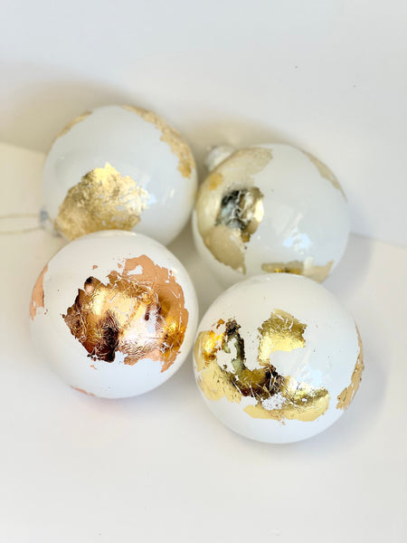 White & Gold Globe Christmas Ornaments: Handprint Glass Bulbs, Set of 4