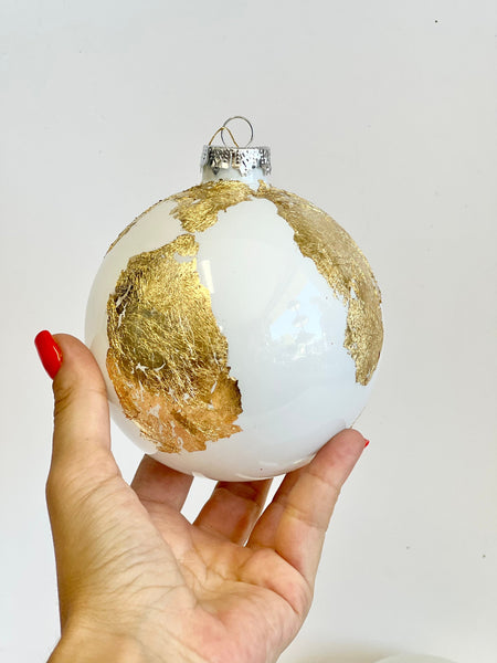 White & Gold Globe Christmas Ornaments: Handprint Glass Bulbs, Set of 4