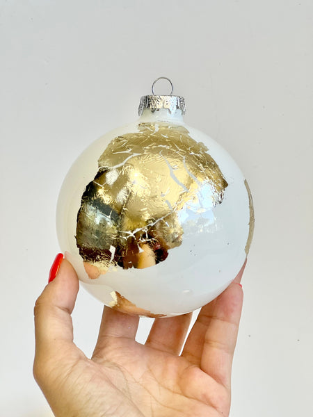White & Gold Globe Christmas Ornaments: Handprint Glass Bulbs, Set of 4