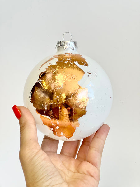 White & Gold Globe Christmas Ornaments: Handprint Glass Bulbs, Set of 4