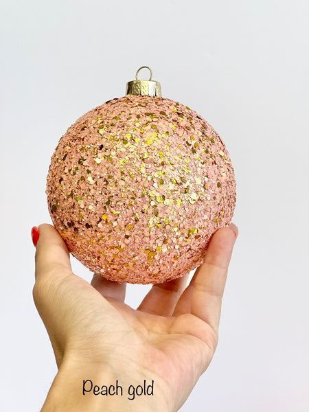 Peach Gold Glitter Christmas Ornament, Creamy Peach Sparkle Ball, Custom Size Warm Pastel Holiday Tree Decor