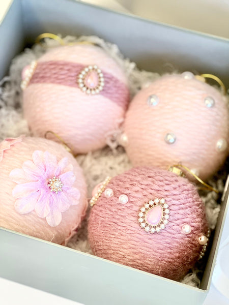 Handmade Christmas Ball Ornaments: Rustic Yarn Decorations, Set of 4