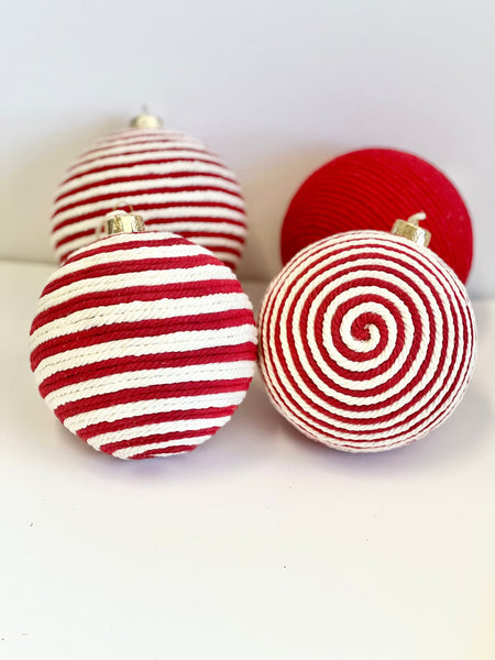 Handmade Yarn Christmas Ornaments: Rustic Red & White Balls, Set of 4