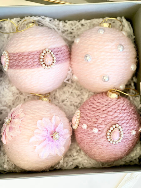 Handmade Christmas Ball Ornaments: Rustic Yarn Decorations, Set of 4