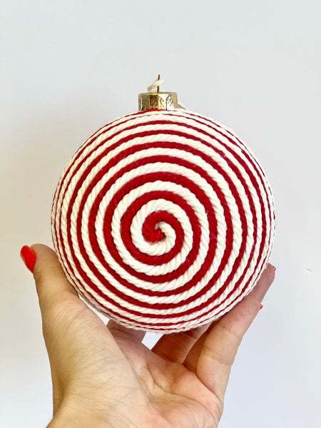 Handmade Yarn Christmas Ornaments: Rustic Red & White Balls, Set of 4