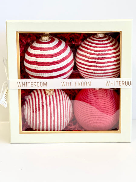 Handmade Yarn Christmas Ornaments: Rustic Red & White Balls, Set of 4