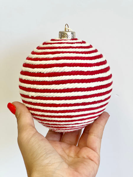 Handmade Yarn Christmas Ornaments: Rustic Red & White Balls, Set of 4