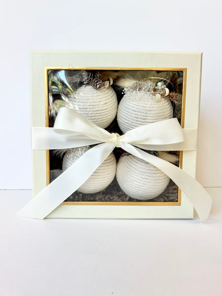 Rustic Yarn Christmas Ornaments Set of 4, Handmade Wrapped Balls, 3.15 Inch Farmhouse Holiday Tree Decor, Gift Set