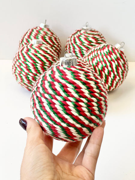 Handmade Yarn Christmas Ball Ornament: Burgundy and Gold Decor