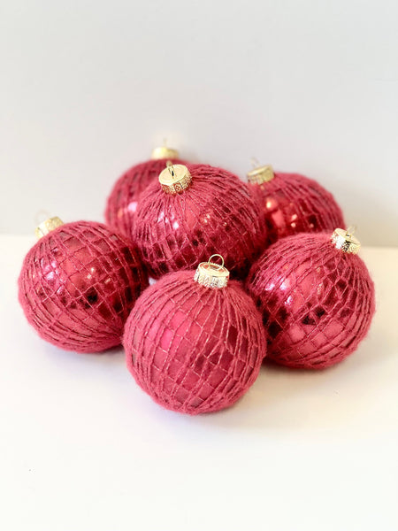 Red Yarn Christmas Ornaments Set of 9, Handmade Knit 3.5 Inch Balls, Rustic Traditional Holiday Tree Decor