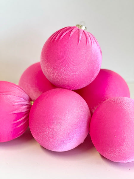 6 Neon Pink Velvet Christmas Balls: Handmade Tree Ornaments