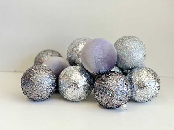 Silver Christmas Ornament Set of 12, Glitter and Flocked Velvet Balls, 3 or 4 Inch Luxury Tree Decor