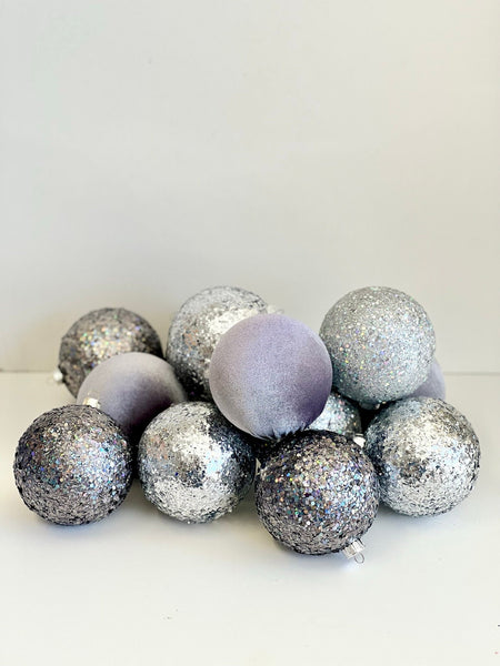 Silver Christmas Ornament Set of 12, Glitter and Flocked Velvet Balls, 3 or 4 Inch Luxury Tree Decor