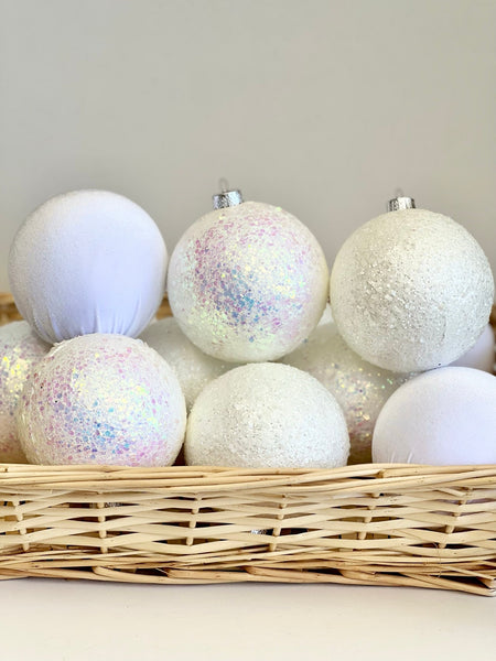Handmade White Glitter Christmas Ornaments - Flocked Velvet Balls (Set of 12)