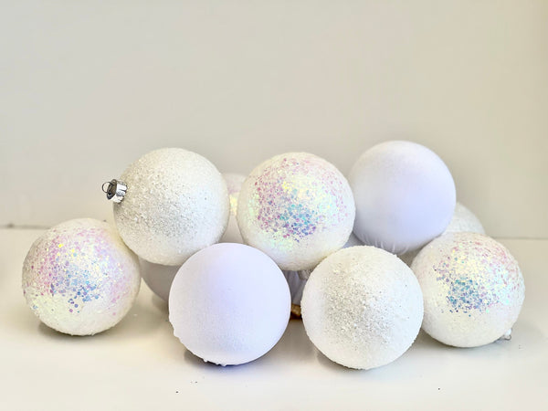 Handmade White Glitter Christmas Ornaments - Flocked Velvet Balls (Set of 12)