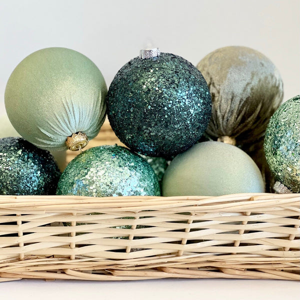 Green Christmas Ornaments: Handmade Velvet Glitter Bulbs, Set of 12