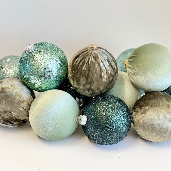 Green Christmas Ornaments: Handmade Velvet Glitter Bulbs, Set of 12