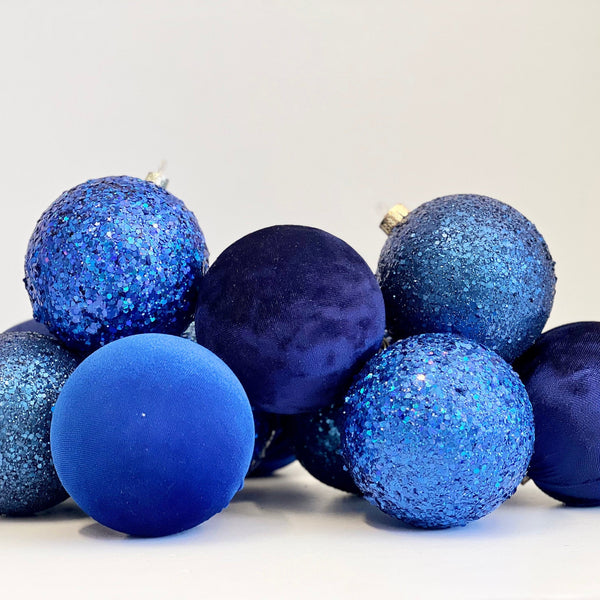 Blue Velvet & Glitter Christmas Balls: Handmade Flocked Ornaments, Set of 12