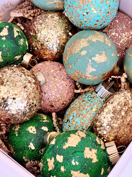 Sage Green Glitter Christmas Ornaments Set of 14, Mixed Size Sparkle Balls, Handmade Modern Holiday Tree Decor