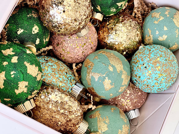 Sage Green Glitter Christmas Ornaments Set of 14, Mixed Size Sparkle Balls, Handmade Modern Holiday Tree Decor