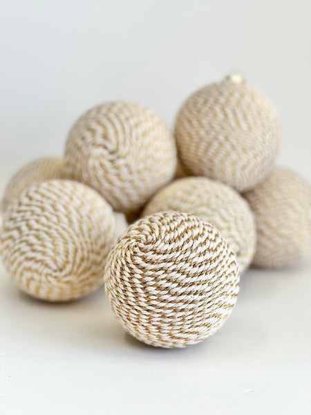 Beige Yarn Christmas Ornament, Handmade Gold Holiday Ball, 3.2 Inch Neutral Tree Decor, Rustic Wrapped Christmas Bauble