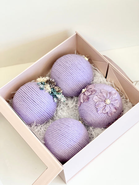 Handmade Yarn Christmas Ball Ornaments: Rustic Holiday Decor, Set of 4
