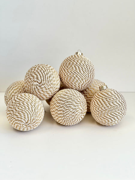 Beige Yarn Christmas Ornament, Handmade Gold Holiday Ball, 3.2 Inch Neutral Tree Decor, Rustic Wrapped Christmas Bauble