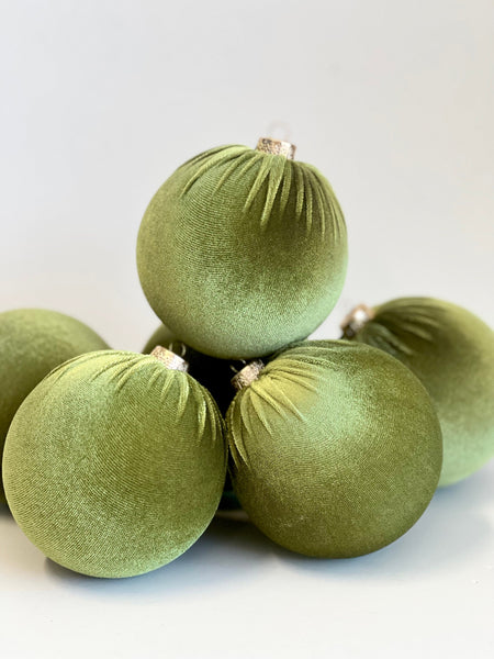 6 Olive Green Velvet Christmas Ornaments: Handmade Tree Balls