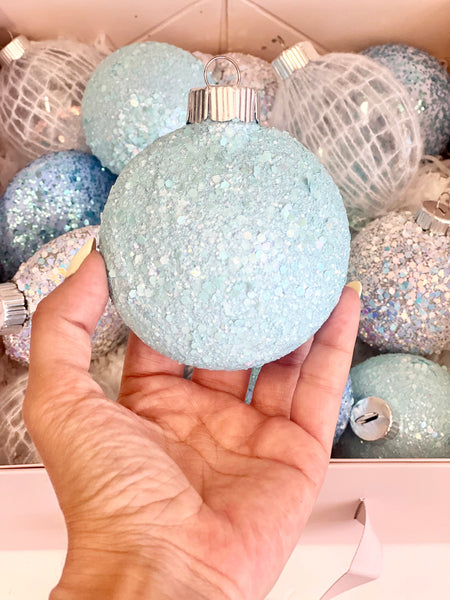 Handmade Blue Glitter Christmas Ornament Set: Custom Christmas Bulbs (16 pcs)