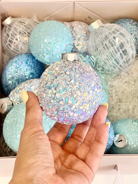 Handmade Blue Glitter Christmas Ornament Set: Custom Christmas Bulbs (16 pcs)