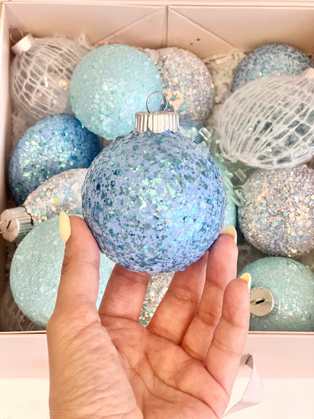 Handmade Blue Glitter Christmas Ornament Set: Custom Christmas Bulbs (16 pcs)