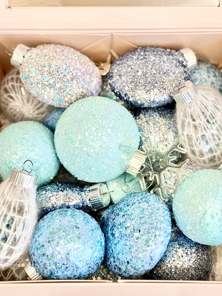 Handmade Blue Glitter Christmas Ornament Set: Custom Christmas Bulbs (16 pcs)