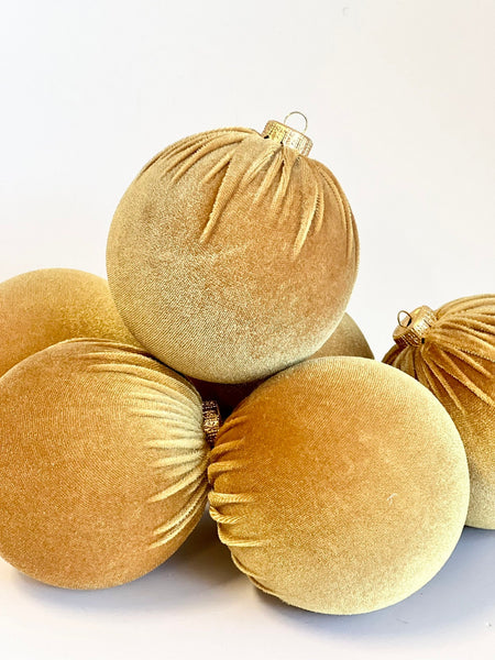 6 Mustard Velvet Christmas Ball Ornaments: Handmade Tree Decoration