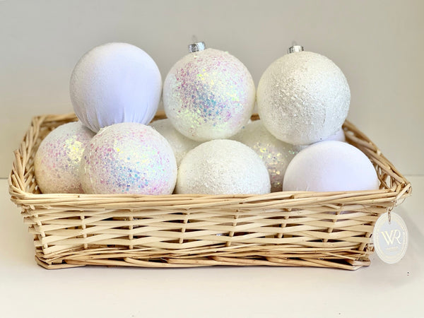 Handmade White Glitter Christmas Ornaments - Flocked Velvet Balls (Set of 12)
