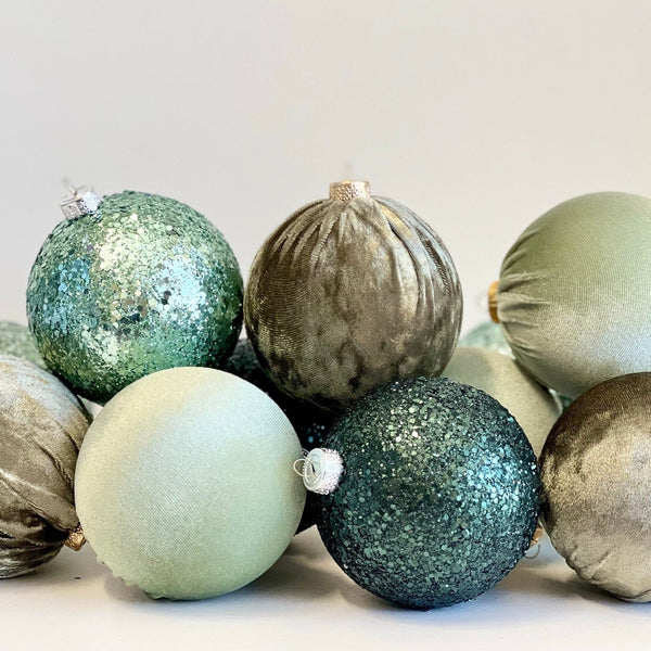Green Christmas Ornaments: Handmade Velvet Glitter Bulbs, Set of 12