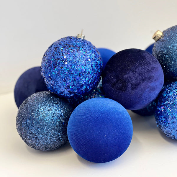 Blue Velvet & Glitter Christmas Balls: Handmade Flocked Ornaments, Set of 12