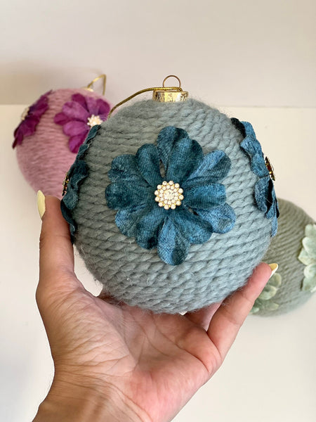 Large 10 Inch Floral Yarn Christmas Ornaments Set of 4, Handmade Rustic Wrapped Balls, Farmhouse Holiday Tree Decor