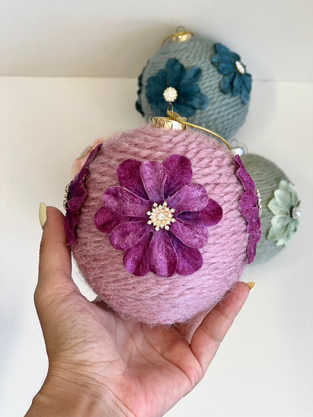 Large 10 Inch Floral Yarn Christmas Ornaments Set of 4, Handmade Rustic Wrapped Balls, Farmhouse Holiday Tree Decor