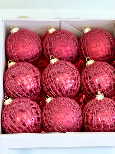 Red Yarn Christmas Ornaments Set of 9, Handmade Knit 3.5 Inch Balls, Rustic Traditional Holiday Tree Decor