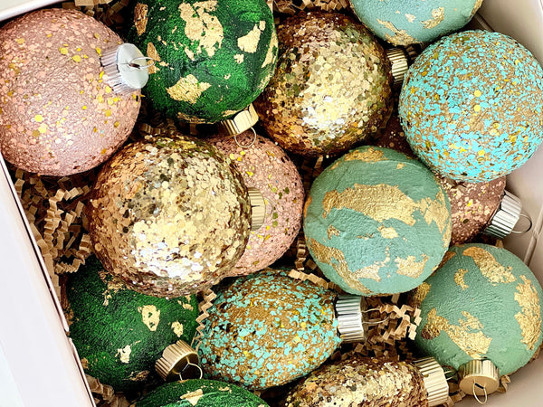 Sage Green Glitter Christmas Ornaments Set of 14, Mixed Size Sparkle Balls, Handmade Modern Holiday Tree Decor
