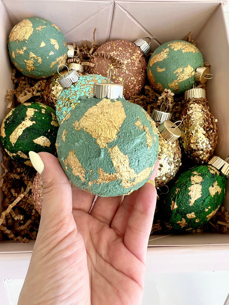 Sage Green Glitter Christmas Ornaments Set of 14, Mixed Size Sparkle Balls, Handmade Modern Holiday Tree Decor
