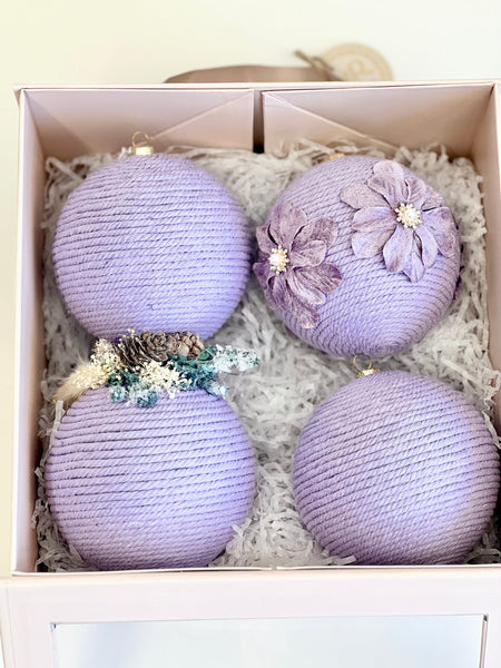 Handmade Yarn Christmas Ball Ornaments: Rustic Holiday Decor, Set of 4