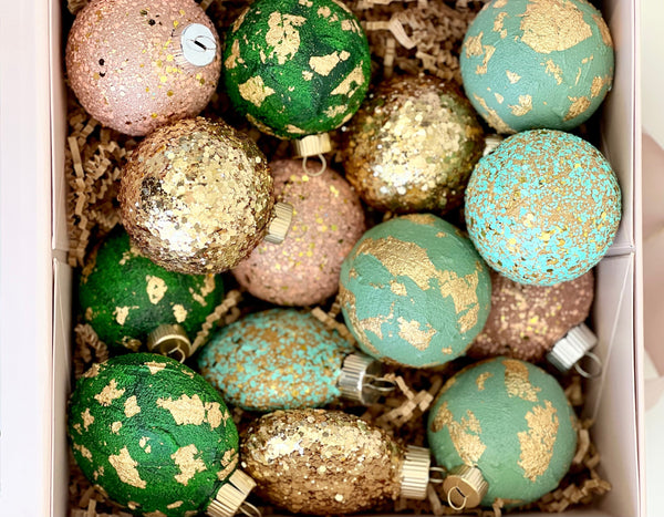 Sage Green Glitter Christmas Ornaments Set of 14, Mixed Size Sparkle Balls, Handmade Modern Holiday Tree Decor