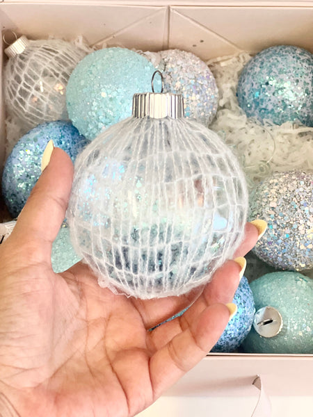 Handmade Blue Glitter Christmas Ornament Set: Custom Christmas Bulbs (16 pcs)