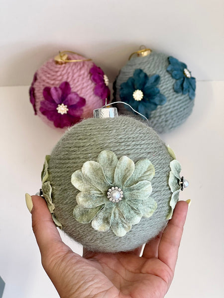Large 10 Inch Floral Yarn Christmas Ornaments Set of 4, Handmade Rustic Wrapped Balls, Farmhouse Holiday Tree Decor
