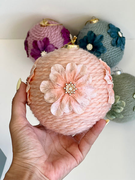 Large 10 Inch Floral Yarn Christmas Ornaments Set of 4, Handmade Rustic Wrapped Balls, Farmhouse Holiday Tree Decor