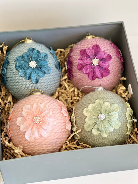 Large 10 Inch Floral Yarn Christmas Ornaments Set of 4, Handmade Rustic Wrapped Balls, Farmhouse Holiday Tree Decor
