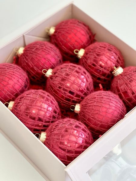 Red Yarn Christmas Ornaments Set of 9, Handmade Knit 3.5 Inch Balls, Rustic Traditional Holiday Tree Decor